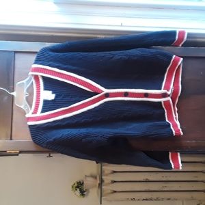 Dark Navy Blue V-Neck Cardigan with Red and White Trim